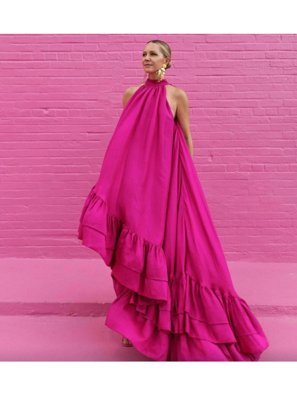 Elegant Fuchsia Pink Halter Neck Maxi Dress with Ruffle Hem Medium